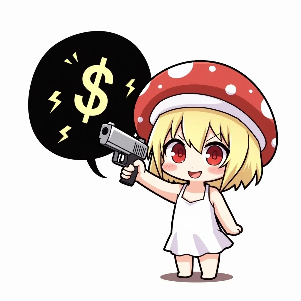 full body shot, female, solo, 1girl, gunatyou, holding gun, looking at screen, pointing gun at viewer, black speech bubble, money symbol, lightning symbols in speech bubble, symbol in speech bubble, cute, chibi, little mushroom person, two moles on left cheek, mushroom hat, red hat, white dots on hat, white dress, bare left shoulder, simple eyes, dot eyes, red eyes, evil eyes, glowing eyes, shaded face, no nose, blonde bob-cut, cat mouth, insane smile, holding gun