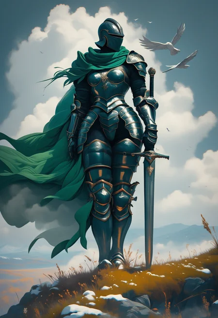score_9, score_8_up, score_7_up, score_6_up, score_5_up, score_4_up,
<lora:ArmorSentinelV2:1>, arm0rs3nt1n3l,
solo, 1girl, spartan, medium breasts, (black armor with green accents), black color armor, holding, standing, full body, weapon, outdoors, armored boots, sky, cloud, snow, fog, sword, holding weapon, cape, bird, holding sword, grass, cloudy sky, helmet, shoulder armor, wind, facing viewer, gauntlets, sheath, walking, pauldrons, cliff, sheathed, breastplate, armored boots, greaves, planted, faulds, knight, full armor, ambiguous gender, planted sword, covered face, hand on hilt, helm, green cape