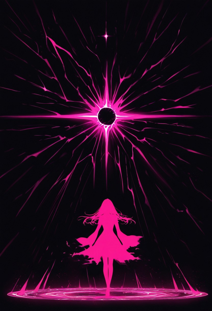 dark energy, intricate design, dark background, extremely detailed, predominant pink tones, one woman silhouette, best quality, blacklight illumination, limited palette, very aesthetic, vibrant magenta hues, portal to another world, masterpiece