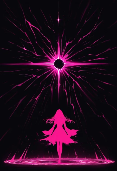 dark energy, intricate design, dark background, extremely detailed, predominant pink tones, one woman silhouette, best quality, blacklight illumination, limited palette, very aesthetic, vibrant magenta hues, portal to another world, masterpiece