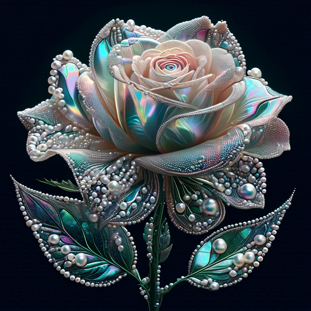 Pearlum, digitally enhanced rose, iridescent sheen, rainbow colors, petals, adorned with pearls, varying sizes, ornamental, luxurious, artistic, floral beauty, natural elements, opulence, high resolution, digital art, visual aesthetics, contemporary design, vibrant colors, reflective surfaces, artistic composition, high contrast, elegant, intricate detailing, modern, futuristic. <lora:Pearlum_World_Morph:1>