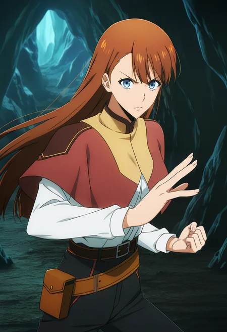 <lora:Lee Joohee_illustrious-000052:1>,
Lee Joohee,brown hair,long hair,blue eyes,
belt,white shirt,black pants,capelet,
solo,looking at viewer,standing,anime coloring,cowboy shot,battle,cave,fighting_stance,v-shaped eyebrows