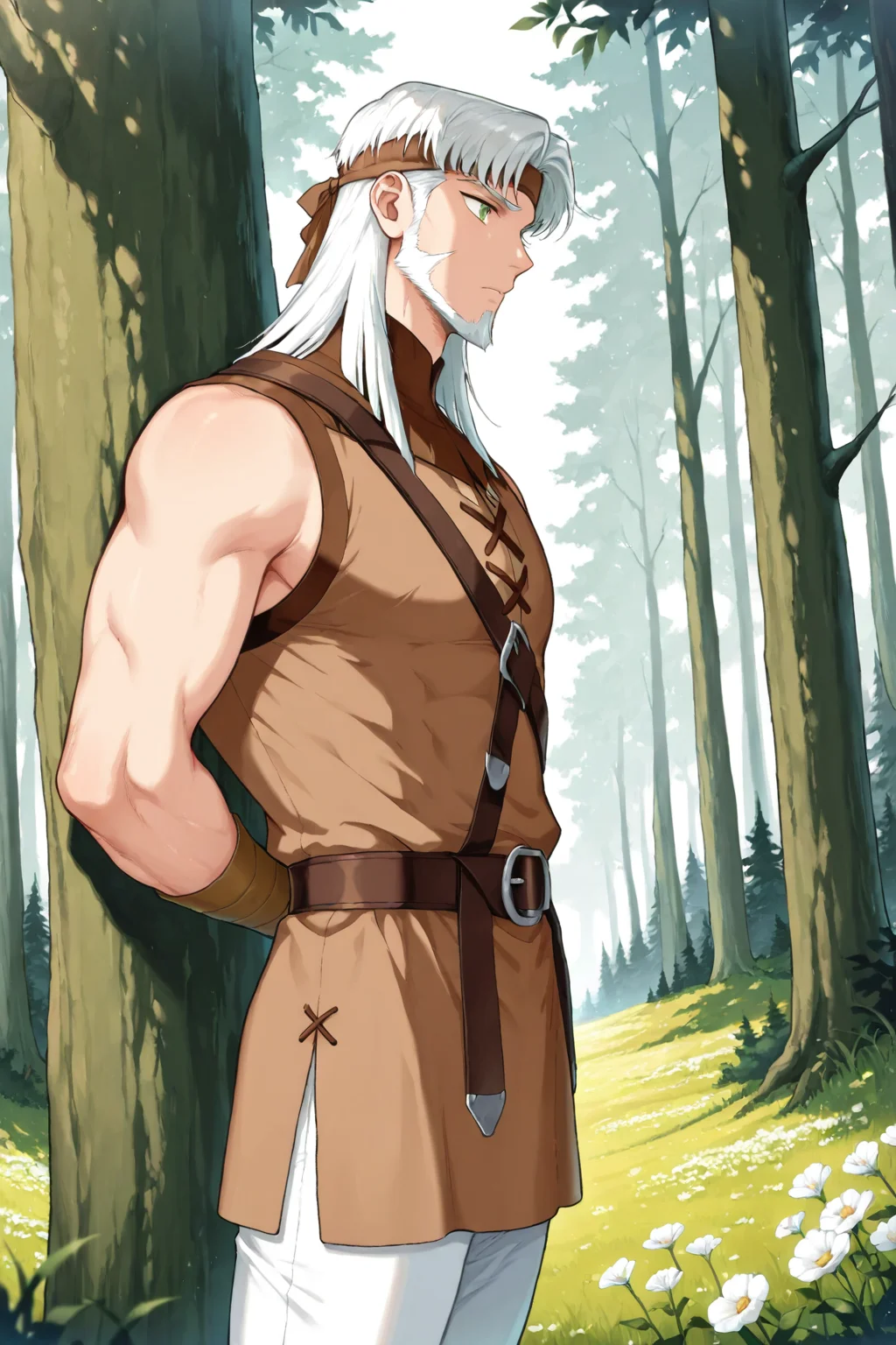 masterpiece,best quality,amazing quality, SSTHR, 1boy, male focus, toned male, medium hair, white hair, beard, green eyes, blunt cut, brown headband, sleeveless, brown tunic, white pants, carrying tree, three quarter view, snowfield background, forest, trees, solo