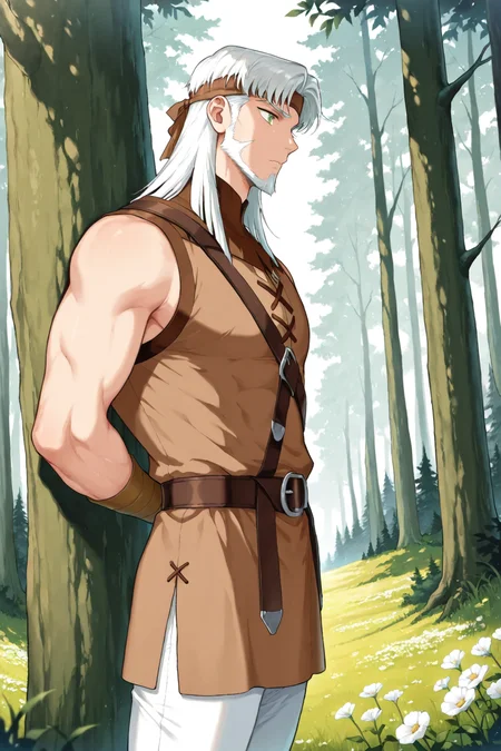 masterpiece,best quality,amazing quality, SSTHR, 1boy, male focus, toned male, medium hair, white hair, beard, green eyes, blunt cut, brown headband, sleeveless, brown tunic, white pants, carrying tree, three quarter view, snowfield background, forest, trees, solo