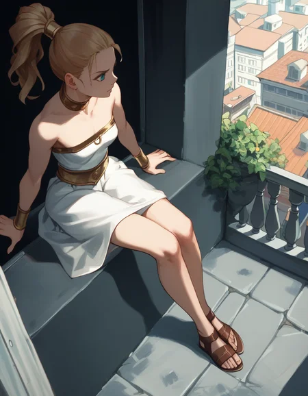 score_9, score_8_up, score_7_up, score_6_up, score_5_up, score_4_up
<lora:chrono-trigger-ponyxl-000027:1> marle, ponytail, strapless dress, white dress
1girl, overlooking a alleyway from balcony, view of city obstructed by building, view from high above behind girl, detailed alleyway, reflections, glare, sitting on her knees