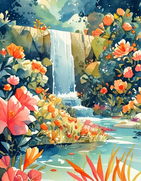 ncpy45 style watercolor landscape with a waterfall and flowers <lora:ncpy45 style:1>, score_9, score_8_up, score_7_up, score_6_up, score_5_up, score_4_up