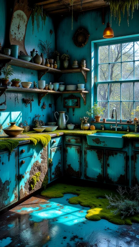 masterpiece, 4k, 8k, sharp, a photography of a cozy vintage kitchen full of a smooth surface with moss made of opal like product visualization, it has very intricate details that are cyan embedded in the skin, the light is cinematic and like a studio lighting. the smooth surface with moss is on a background opalescence.
detailmaximizer, Midjourney_Whisper <lora:[Flux1]_aidmaPsychadelicChaosWorld-FLUX-v0.1:0.3> <lora:[Flux1]_aidmaImageUpgrader-FLUX-V0.1:0.1> <lora:[Flux1]_midjourney_whisper_flux_lora_v01:0.6> <lora:[Flux1]_Painted_World_Flux:1>