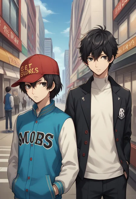 score_9, score_8_up, source_anime, highly detailed, 2boys, skinny,
shinya, 1boy, hat, baseball cap, jacket, black hair, hands in pockets, black eyes, short hair, upper body, letterman jacket, red headwear, BREAK
ren, male focus, 1boy, black hair, pants, upper body, hoodie, jacket,
outdoor, city, street, sit,