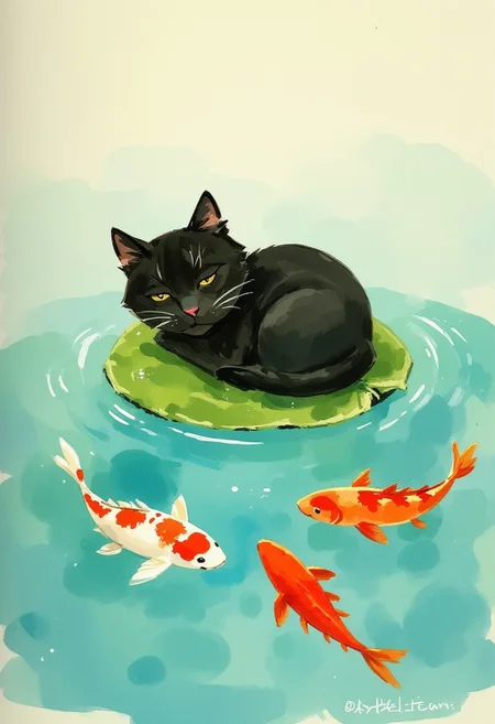 Painted illustration of a tiny black kitten asleep on a leaf on a pond. Below the surface of the water there are koi fish of different colors. Soft pastel colors