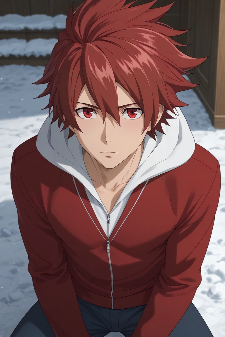 score_9, score_8_up, score_7_up, , rating_safe, intricate details, (3d:0.4), looking at viewer, , 1boy, solo, male focus, <lora:takuto_tsunashi_pony:0.82>, takuto_tsunashi, red hair, red eyes, spiked hair, bangs, , from above, snowy field, indoors, light, the pose, shy, blush, , <lora:sdxl_lightning_8step_lora:1>