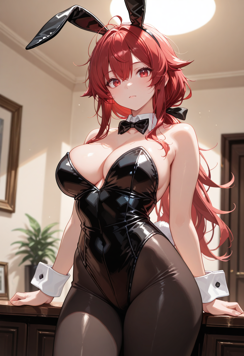 masterpiece, newest, absurdres, best quality, hires, 1girl, red eyes, red hair, long hair, messy hair, hair flaps, single low ponytail, bunny suit, rabbit ears, fake animal ears, leotard, leggings, indoors