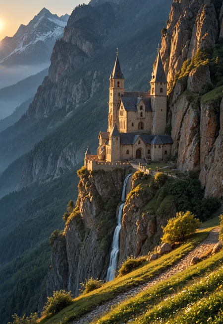 a small medieval monastery standing on a small island in a mountain lake,
early morning, thick fog envelops island, bright orange sun-ray falling on monastery wall,
BREAK,
BEST QUALITY, MASTERPIECE, HIGHLY-DETAILED, HIGH-RES, 4K, 8K, RAW,
SHARP FOCUS, INTRICATE DETAILS,
 (8k uhd:1,4)
 <lora:add-detail-xl:1>
 <lora:Dynamic Poses:1>