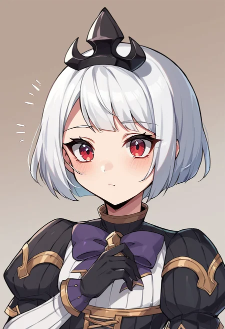 score_9, score_8_up, score_7_up, source_anime BREAK  Orphea, tiara, white hair, short hair, red eyes, gown, puffy sleeves, black gloves, purple bow, <lora:OrpheaPonyXLP-000040:1>