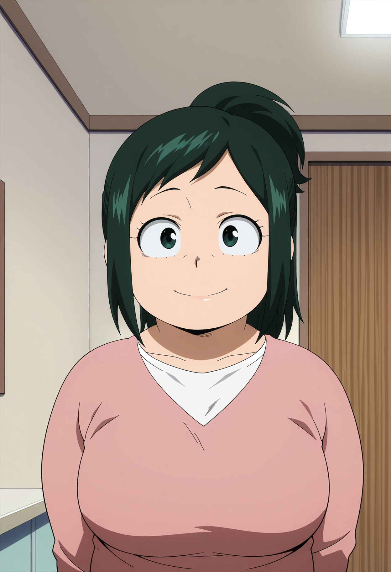 1girl,solo,mm,mature female,plump,green hair,green eyes,ponytail,anime coloring,
shirt,upper body, looking at viewer, smile,indoors
,masterpiece,best quality,amazing quality,<lora:Midoriya_inko-My_Hero_Academia_ix:0.8>