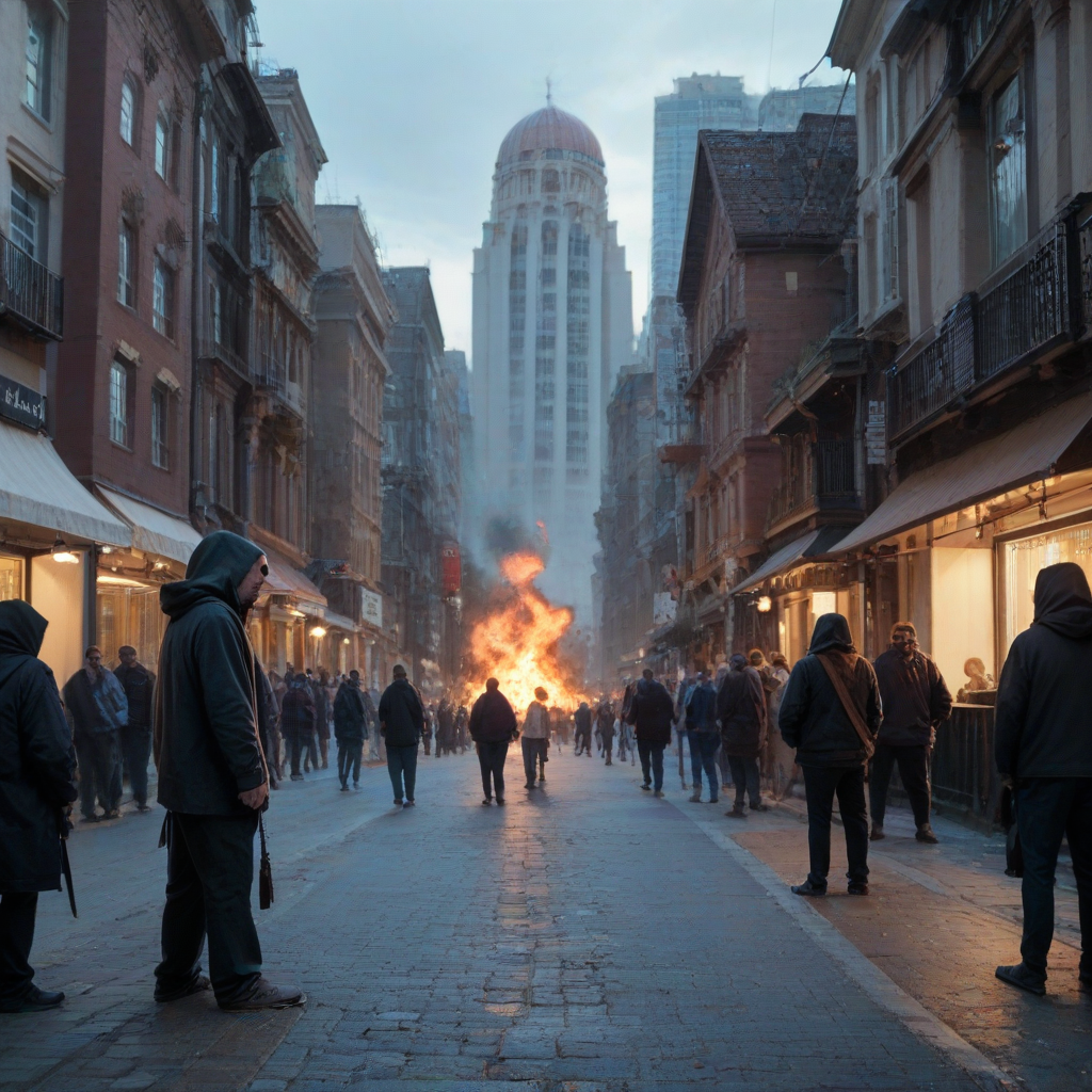 score_9, score_8_up, score_7_up,  <lora:BackgroundDetailerV3-000004:0.6> , multiple people,crowd,a mob of hooded hoodlums rioting in the streets as buildings burn,fire,burning buildings,photo,realistic,cinematic