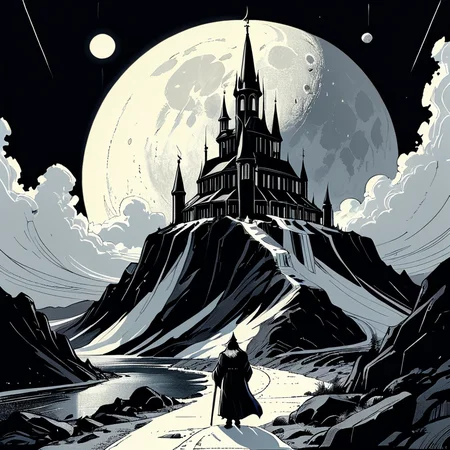 <lora:The_Pulp_Session:0.8><lora:Michelangelo_Michelangelo_Paintings_High_Renaissance-000008:0.8> black and white drawing, wizard, familiar, labratory, clean ink line drawing, artwork by Moebius, catholic curch on the Moon, otherworldly landscape but extremely beautiful,
