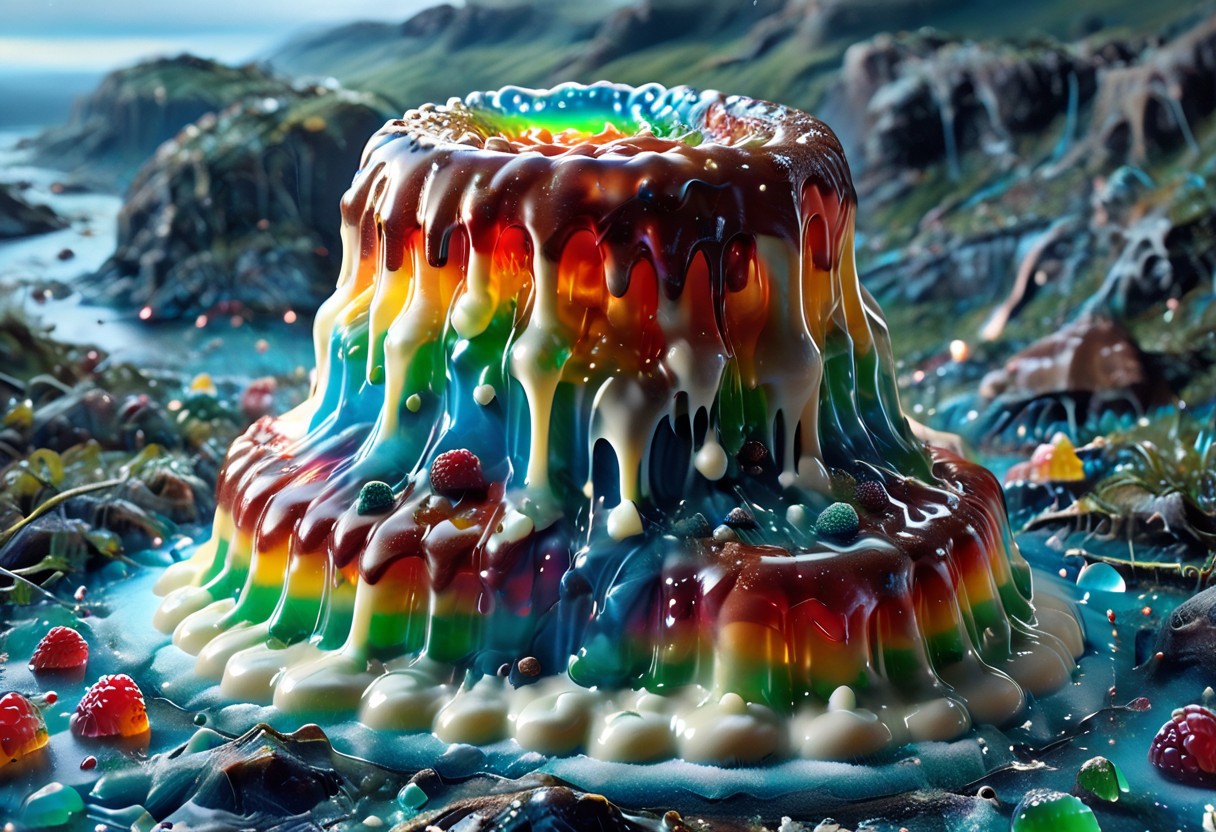 high quality, (Domination of the blue color:2), Jellystyle, stone bridge<lora:bad_prompt_version2-neg:1> <lora:By bad artist -neg:1>  <lora:Jelly_Style:1> (rainbow color grading:1.5). (Icing milk:2). (Sugar coating :1). berry made of jelly. River of milk. ais-chocsauce Mountains. Crystallized Sugar Rain. The floor is covered with honey. Multi-colored Jellystyle bears.
(Fish) Made of gum with glowing precious stones is shown into the jello realm. From the right of the frame, the Jellystyle cat.
CastleBreizh XL Mk8 on the left.
Asymetric composition, dynamic pose, field of depth, grass in the foreground. Close-up view from below.