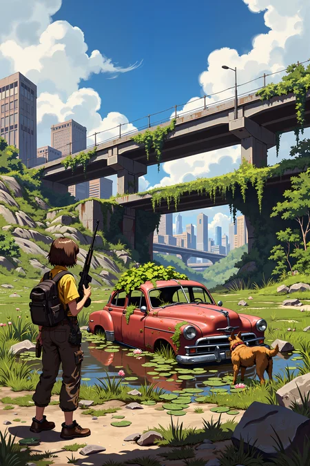 a post-apocalyptic scene. The image showcases a rugged, overgrown landscape with remnants of urban decay. In the foreground, a woman with short brown hair stands to the left, wearing a yellow shirt, brown pants, and a backpack. She holds a rifle and gazes out at the scene, her stance suggesting vigilance. To her left, a large, brown dog with a black patch over one eye stands alert, its ears perked up.The middle ground features a rusted, abandoned car with its windows shattered, partially submerged in a shallow pond filled with water lilies. The car's red paint is peeling, revealing the metal beneath. Surrounding the pond is dense, wild vegetation, including tall grass and vines crawling over the car. In the background, an overpass bridge spans the scene, its concrete surface covered with lush green vines. Beyond the bridge, the remains of a cityscape are visible, with tall buildings partially obscured by the greenery. The sky above is a bright blue with fluffy white clouds, contrasting sharply with the desolate, post-apocalyptic environment below. The overall atmosphere is one of eerie beauty and resilience amidst decay. , detailed background Fantastic lighting. Detailed shadows.intricate details, vivid colors, hyper-detailed, ultra-sharp, , <lora:XRSTYLE_FLUX:0.5><lora:RetroAnimeFluxV1:0.4><lora:MoriiMee_Gothic_Niji_Style_FLUX:0.3>