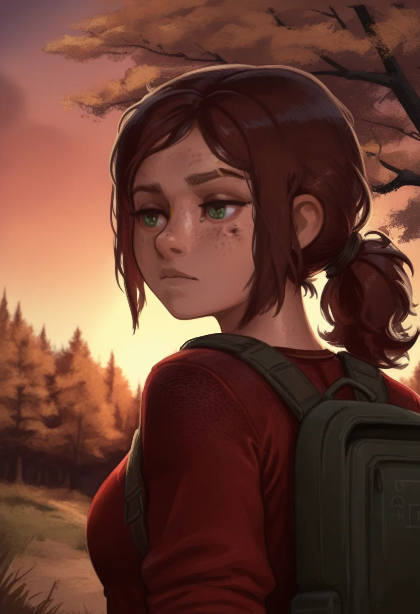 forbiddenstyle, masterpiece, best quality, solo, ellie\(the last of us\), green eyes, ponytail, freckles, eyebrow raised, wooded area, trees, backpack,, red shirt, sunset, warm colors,