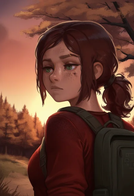 forbiddenstyle, masterpiece, best quality, solo, ellie\(the last of us\), green eyes, ponytail, freckles, eyebrow raised, wooded area, trees, backpack,, red shirt, sunset, warm colors,