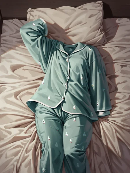 <lora:xl_Invisible person(pony)2:1>,invisible person,1girl,pajamas,bed,quilt,, score_9, score_8_up,