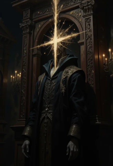 A close-up surreal portrait of a Catholic priest standing in front of a dimly lit confessional booth. His body is draped in traditional clerical robes, detailed with delicate embroidery and a long, flowing cassock. His head is a hollow, featureless piece of dark wood, perfectly smooth and polished, with a cross-shaped cutout at the center of his face.
From within the hollow head, a pale, ethereal golden light glows, soft and haunting, casting narrow rays through the cross-shaped void. The light beams pierce through the darkness, illuminating the worn wooden panels of the confessional booth and casting delicate shadows along the intricate carvings.
The background is cold and shadowy, with faint outlines of Gothic arches and the dim flicker of candlelight. The contrast between the golden light within his hollow head and the dark, shadowy confessional creates a surreal and haunting narrative of absolution and emptiness.