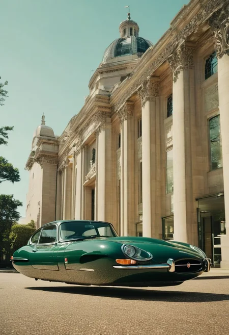 (low angle shot:1.4),dynamic angle, an editorial photo of a dark green Jaguar E-type style Hovering_Car parked in front of a library in the style of Art Deco architecture, highly detailed, clean lines, fine art photography, award winning photography, film grain