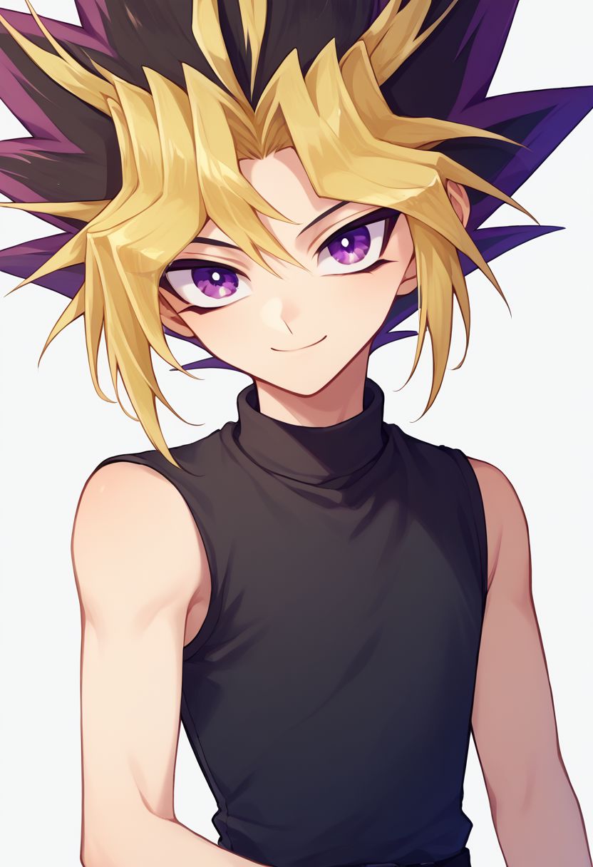 score_9, score_8_up, source_anime, highly detailed, 
yami, 1boy, male focus, blonde hair, solo, purple eyes, multicolored hair, shirt, black shirt, sleeveless, spiked hair, smile
outdoor,  upper body,