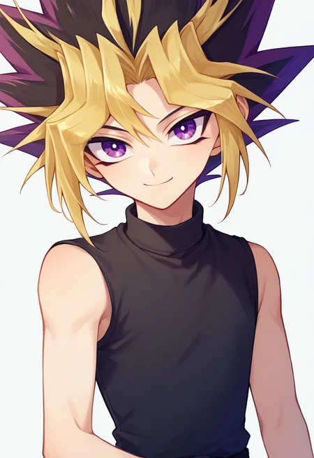 score_9, score_8_up, source_anime, highly detailed,
yami, 1boy, male focus, blonde hair, solo, purple eyes, multicolored hair, shirt, black shirt, sleeveless, spiked hair, smile
outdoor, upper body,