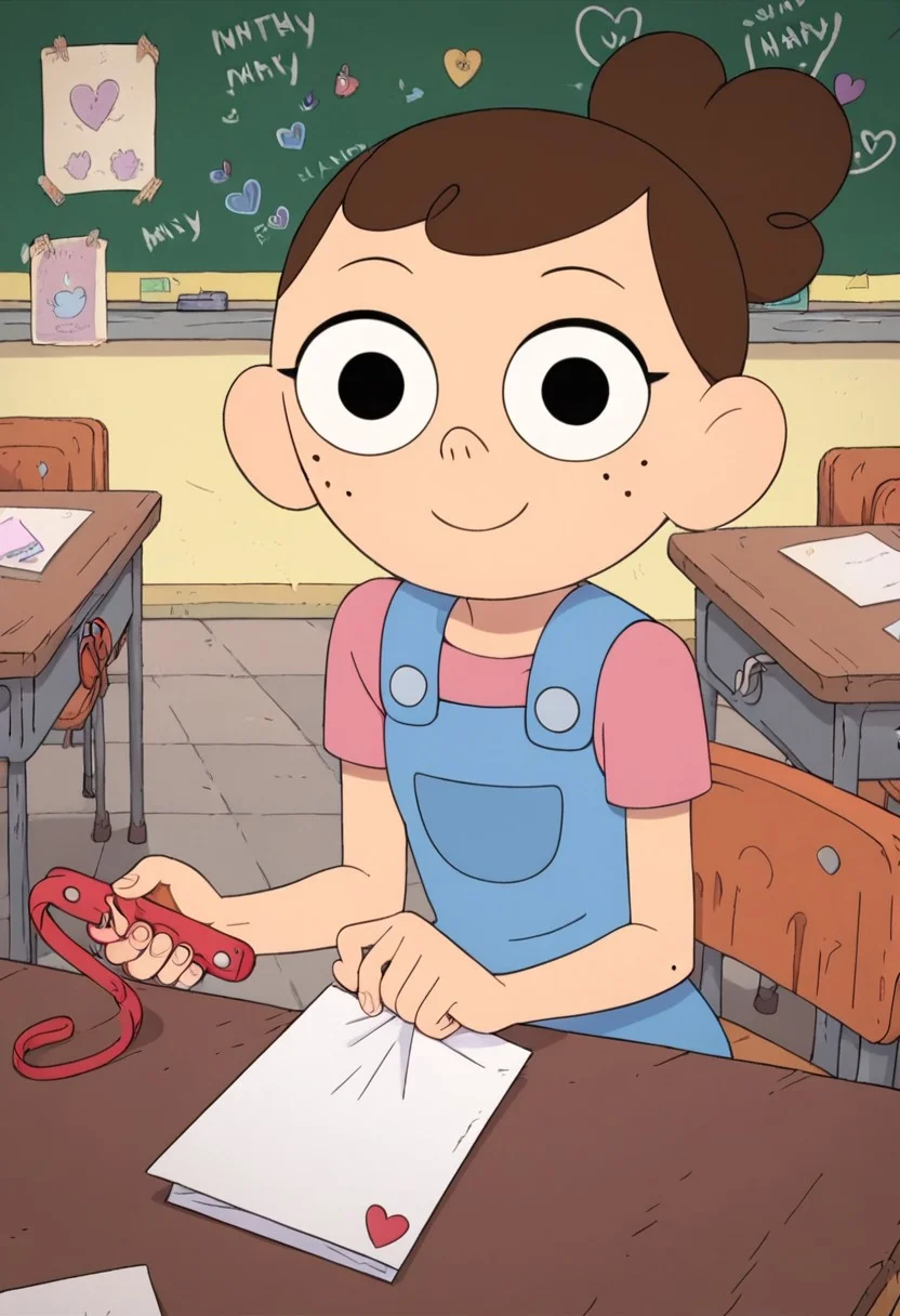 ((classroom background)),score_9, score_8_up, score_7_up,score_6_up,
1girl, Solo, Ashley_C, light skin, black eyes, curly hair, brown hair, freckles, curly voluminous bun, blue wrangler skirtall, pink t-shirt, navy blue biker shorts, brown boots, big eyes, short stature, social smile, perfect eyes, perfect smile, looking at the viewer, detailed eyes, perfect eyes, sitting (front pose) five fingers, perfect hands, front table, paper on the table (holding one scissor)