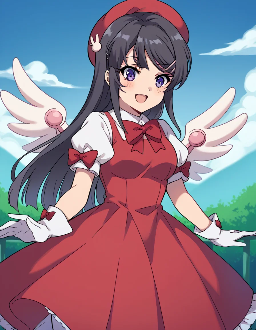 score_9, score_8_up, score_7_up, source_anime, maisakurajima, <lora:mai-sakurajima-s1-ponyxl-lora-nochekaiser:1> mai sakurajima, long hair, bangs, black hair, hair ornament, purple eyes, hairclip, rabbit hair ornament, medium breasts,, <lora:sakura-kinomoto-cosplay-ponyxl-lora-nochekaiser:1>, sakurakinomotocosplay, kinomoto sakura \(cosplay\), bow, bowtie, dress, gloves, hat, magical girl, pantyhose, petticoat, ppuffy short sleeves, puffy sleeves, red bow, red bowtie, red dress, red hat, short sleeves, white gloves, white pantyhose, white wings, wings,, outdoors, open mouth, blush, smile, flying,, cowboy shot, dutch angle, solo,
