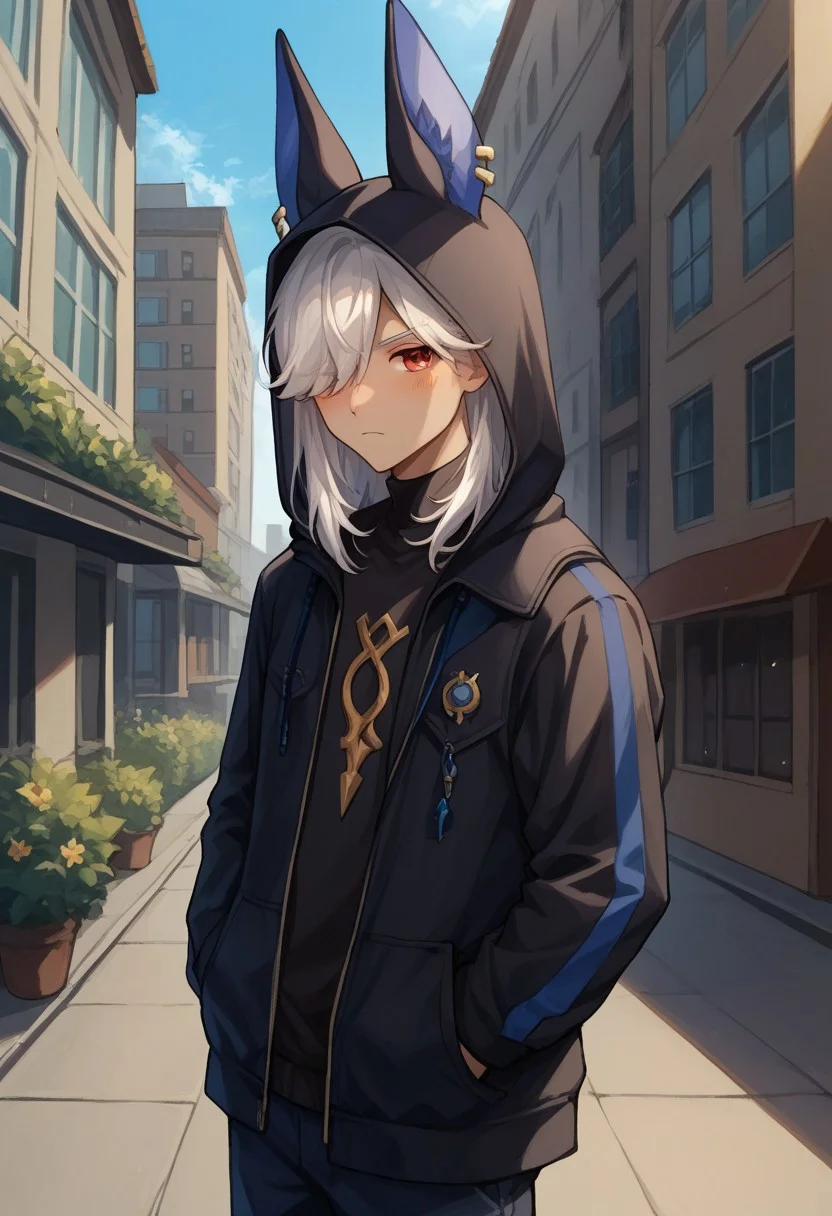 score_9, score_8_up, score_7_up, source_anime, highly detailed, 
cyno, 1boy, male focus, solo, dark-skinned male, dark skin, white hair, hair over one eye, long hair, red eyes, animal hood, jacket, hood up, jackal ears, long sleeves, hoodie, black jacket, frown, blush,
outdoor, contemporary, buildings,