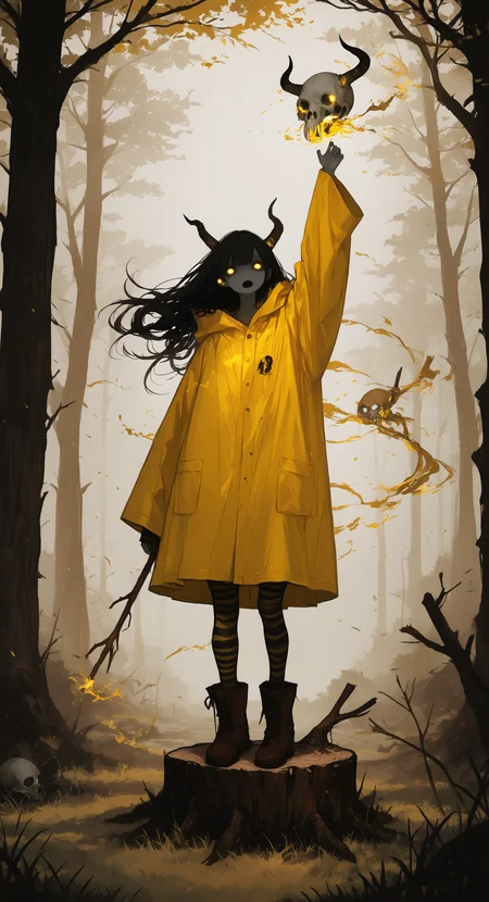 masterpiece, best quality, good quality, very awa, very aesthetic, absurdres, newest, 1girl, solo, long hair, black hair, holding, standing, full body, pantyhose, boots, horns, striped clothes, arm up, tree, sleeves past wrists, floating hair, colored skin, brown footwear, grass, wind, nature, forest, skull, branch, grey skin, striped pantyhose, stick, tree stump, yellow raincoat, hollow eyes,Gold Theme,Glowing eyes <lora:NOOB_vp1_detailer_by_volnovik_v1:0.35> <lora:noobai_ep11_stabilizer_v0.138_fp16:0.4> <lora:ponyv6_noobV1_2_adamW-000017:0.7> <lora:r17329_illuu:0.3> <lora:748cmXL_NB11_lokr_V6311P:0.75>
