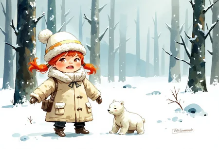 Watercolor acrylic, random pose, Russian girl , orange pigtails, white fluffy hat and coat, bright enthusiastic eyes, in a clearing in a snowy spruce forest, next to a small polar bear cub