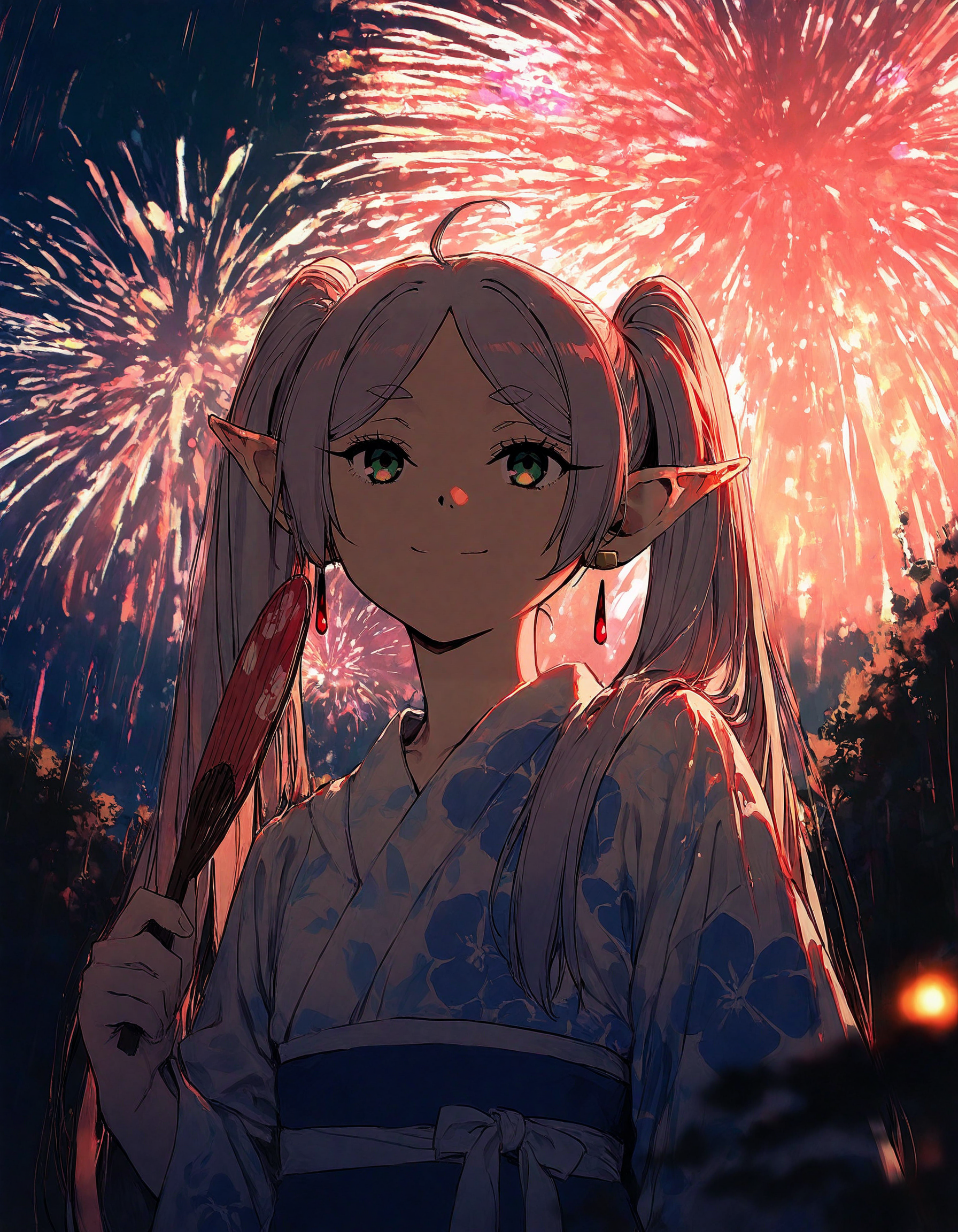 1girl, ahoge, blurry, blurry background, blurry foreground, depth of field, fireworks, floral print, hair ornament,holding, holding fan, japanese clothes, kimono, long hair, looking at sky, obi, outdoors, rain, smile, solo, special feeling \(meme\), twintails, upper body, very long hair, yukata,((paper fan)), wide angle, matsuri, japanese festival, character far, landscape
masterpiece,best quality,newest,very aesthetic,absurdres,very awa,highres,(yoneyama mai:0.4),(rella:0.3),(cutesexyrobutts:0.3),(rolua:0.4),newest,year 2024,year 2023,<lora:illustrious_noobai_epsilon_pred_1_masterpieces_v1:1>,<lora:ponyv4_noob1_2_adamW:0.7>,<lora:spo_sdxl_10ep_4k-data_lora_webui:0.8>, from front,
frieren,sousou_no_frieren,"frieren, sousou no frieren","1girl, green eyes, long hair, white hair, grey hair, twintails, parted bangs,