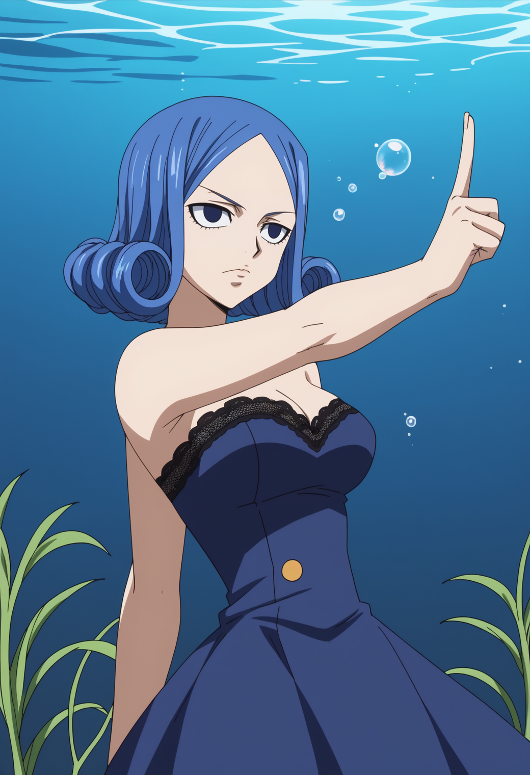 score_9, score_8_up, score_7_up, anime screencap, BREAK, 1girl, (solo:1.2),   <lora:DX888Juvia:1>, juvia lockser, blue hair,  curly hair, blue eyes, short hair,  ,   BREAK   Standing with one arm raised pointing upwards,  closed eyes,  sleeping,  underwater, bubbles, seaweed, Lace Bridesmaid Dress Set - Dress, Strapless Top, and Wedges