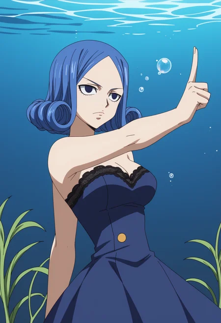 score_9, score_8_up, score_7_up, anime screencap, BREAK, 1girl, (solo:1.2), <lora:DX888Juvia:1>, juvia lockser, blue hair, curly hair, blue eyes, short hair, , BREAK Standing with one arm raised pointing upwards, closed eyes, sleeping, underwater, bubbles, seaweed, Lace Bridesmaid Dress Set - Dress, Strapless Top, and Wedges