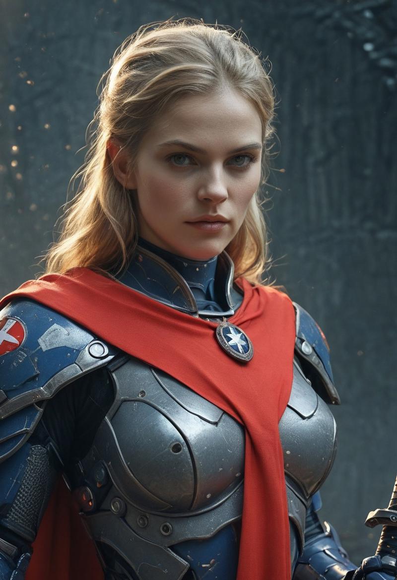 masterpiece, best quality, amazing quality,  Smooth Quality, hard lighting, close up, upper body, red tabard, 
detailed Background, joan_of_arc
1girl, blonde hairs, long hairs, Panoceania, wearing light armor, challenging viewer, indoor, blue armor, sci-fi, holding sword, sword, energy blabe, pointing weapon at viewer.
Headgear.