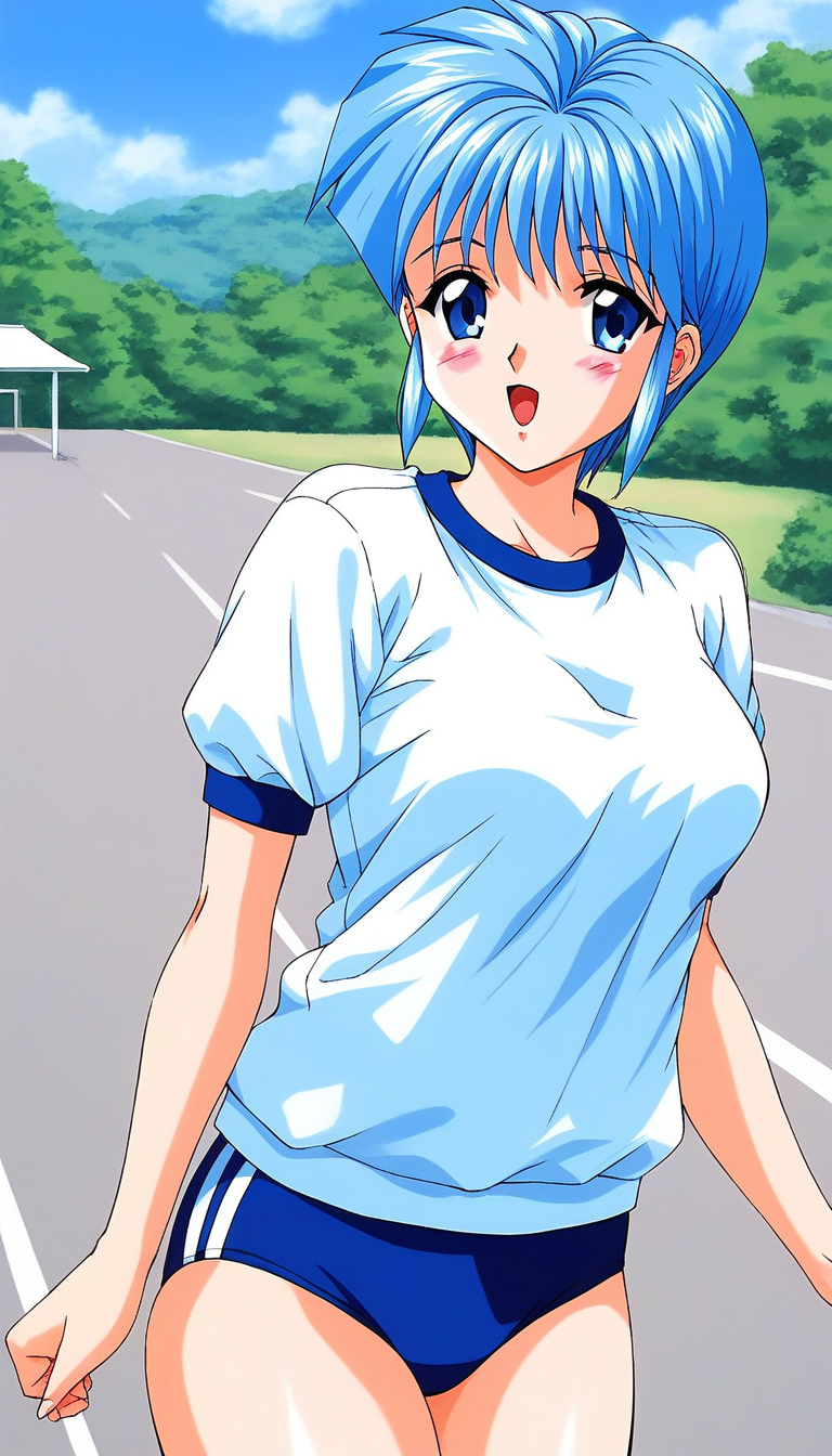 score_9, score_8_up, score_7_up, source_anime, rating_explicit, BREAK  <lora:Nijino_Saki_XL:1> NijinoSaki, blue hair, blue eyes, short hair, bangs, medium breasts, 1990s \(style\),
light blue buruma, blush, white gym uniform, open mouth, cowboy Shot,
outdoor, day, sky,