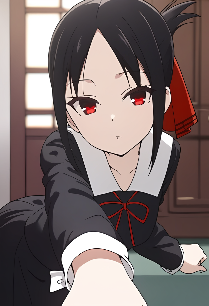 masterpiece, 1girl, kaguya, school uniform, black dress, black skirt, red ribbon, long sleeve, parted bangs, looking at viewer,  <lora:kaguyaSDXL:0.8>, foreshortening, :<