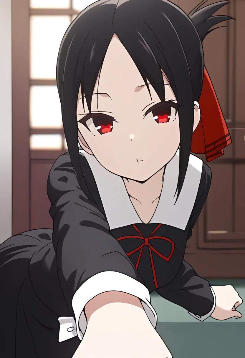 masterpiece, 1girl, kaguya, school uniform, black dress, black skirt, red ribbon, long sleeve, parted bangs, looking at viewer,  <lora:kaguyaSDXL:0.8>, foreshortening, :<