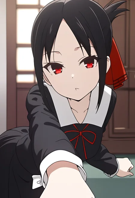masterpiece, 1girl, kaguya, school uniform, black dress, black skirt, red ribbon, long sleeve, parted bangs, looking at viewer,  <lora:kaguyaSDXL:0.8>, foreshortening, :<