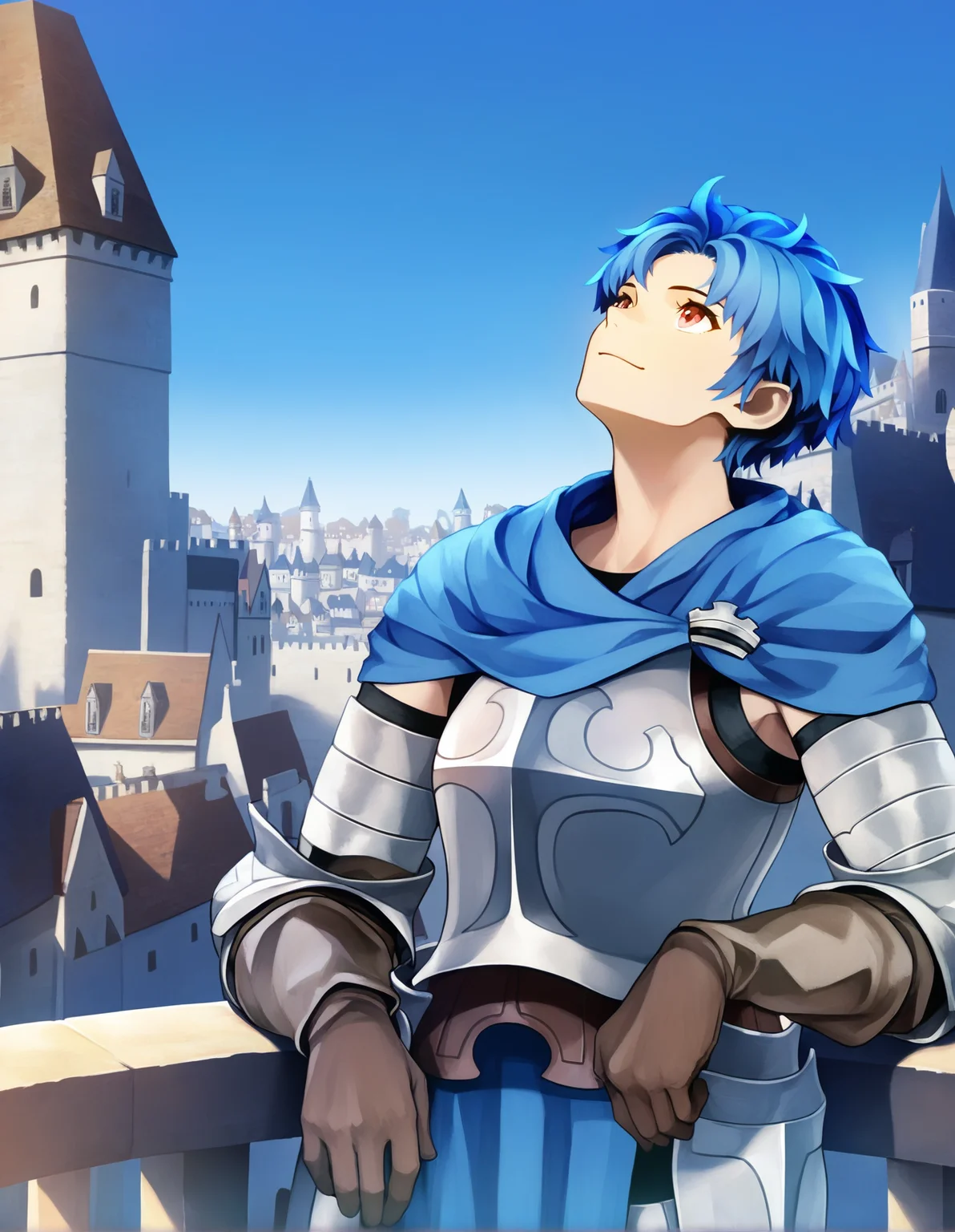 masterpiece, best quality, alain, human, solo, male, blue hair, blue capelet, blue loincloth, armor, balcony, leaning on railing, medieval, city, fantasy, blue sky, castle, looking up, happy,
<lora:UnicornOverlordBeastmen_Noob-1.0.38:1>