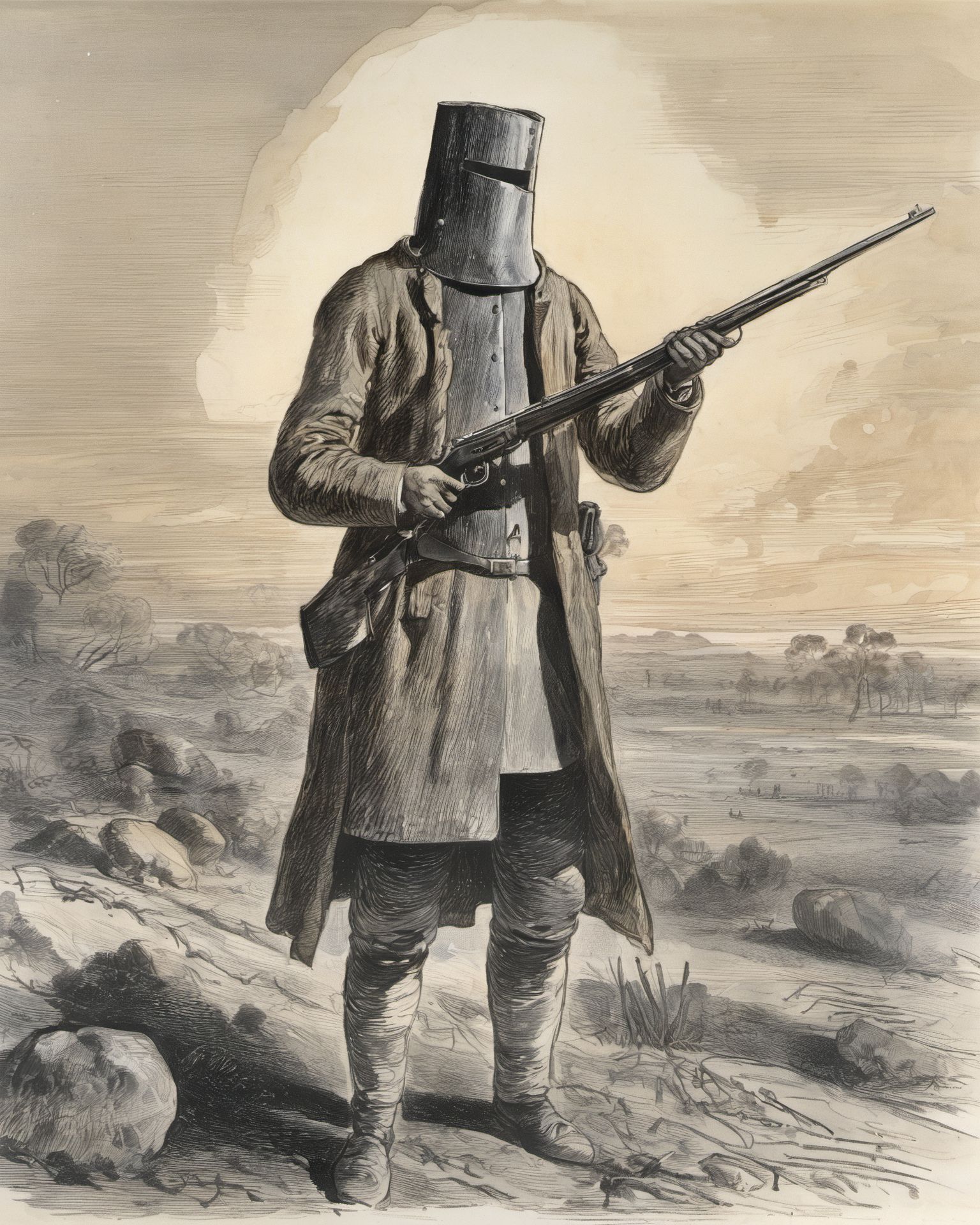 <lora:nedkelly_e10_r4_xl:0.8>,
nedkelly, a man in a battlefield, wearing trench coat, helmet, makeshift armor, lit by afternoon sun, 19th century australia, holding shotgun, from below, muted colors, charcoal,