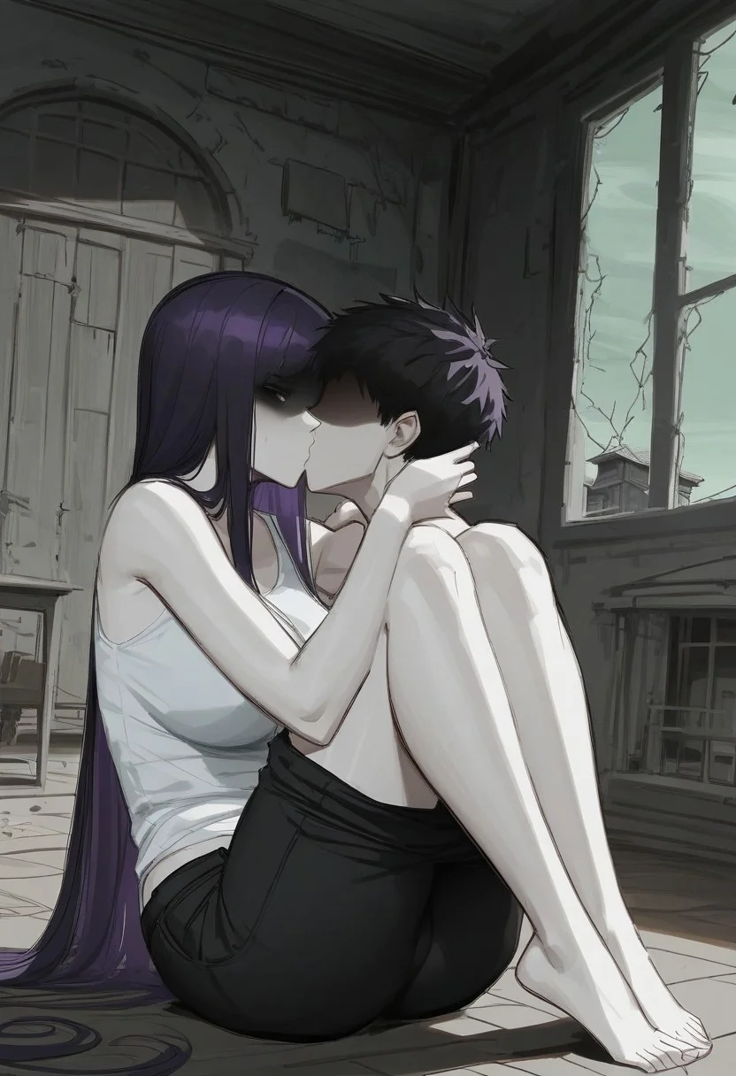score_9, score_8_up, score_7_up, score_6_up, score_5_up, flat color, 1boy, 1girl, sketch,
Boy wearing a blue shirt and black pants, Boy with metal cuff on leg, Short black hair, Hair covering eyes, Pale white skin, RK (Little Nightmares), flustered expression, woman wearing white tank top and long baggy jeans, bare feet, (violet hair), ((very long violet hair)), flowing long haired girl, pale white skin, (((white skin))), big flowing violet haired girl, large breasts, big hazel eyes, large natural breasts, hips, massive ass, flat tummy, (serious, shaded face, tsundere, indoors, kissing, knees up, empty, house, abandoned, green sky, dreamy)