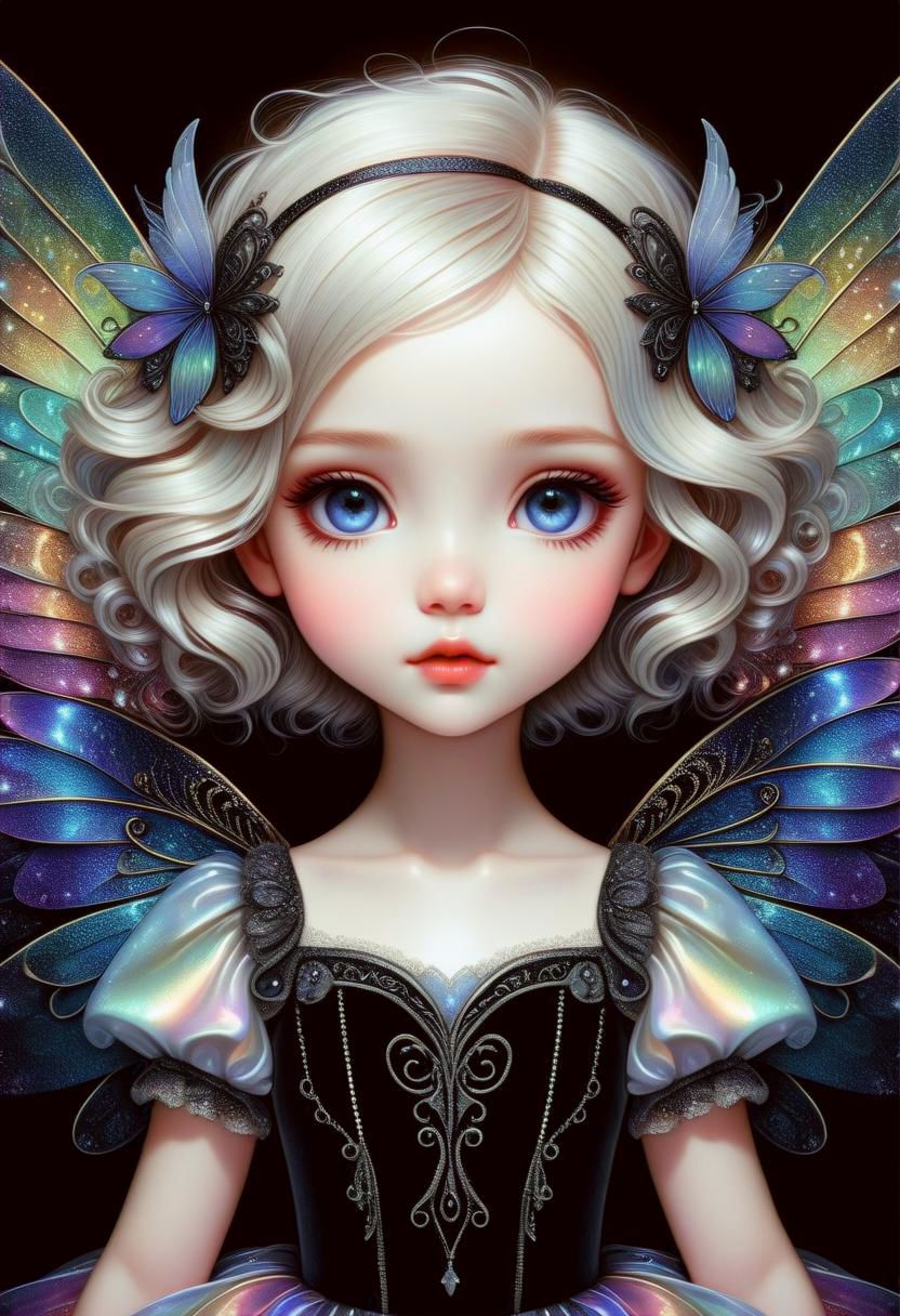 hyper detailed beautiful chibi sugar fairy, coherent delicate face, wavy luxurious hair, intricate iridescent wings, on black velvet canvas, centered composition, rule of thirds, drop shadowed, art by gorjuss, tim burton, margaret keane, charlie bowater, tom wood, keith garvey