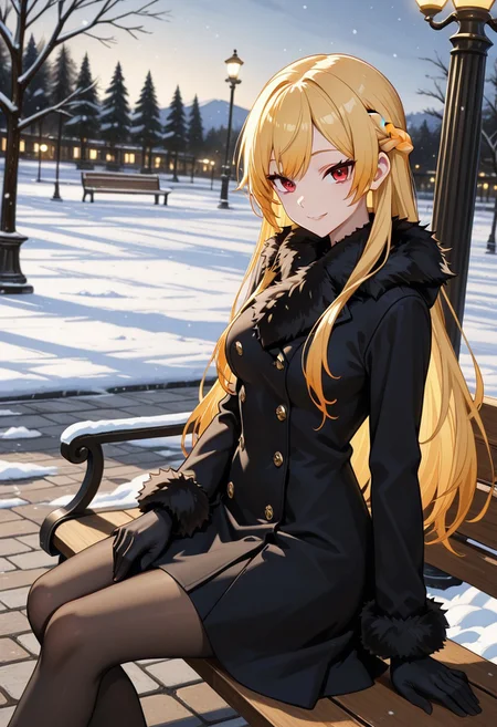 1girl, solo, anime coloring, anime artwork, unholy-aesthetic, masterpiece, best quality, newest, absurdres, highres, safe, CG, cinematic lighting, natural shadow, highest detail, detailed background, intricate scenery, depth of field, insane details, intricate, subsurface scattering, very aesthetic, serene atmosphere, artistic rendering, dramatic contrast, luminous elements, soft painterly texture, striking visual design, finely detailed face, beautiful face, dutch angle, cinematic angle, from side, 
looking at viewer, kind smile,
sitting, sitting on bench,
park, tree, lamp post, snow, cobblestone,
<lora:kaelaIL:0.45> kaelaIL, long hair, french braid, blonde hair, red eyes, tsurime,
<lora:VintageFurTrimCoatILL:0.8> fur trim, fur-trimmed coat, coat, pantyhose, gloves, fur-trimmed gloves, (black gloves:1.5)