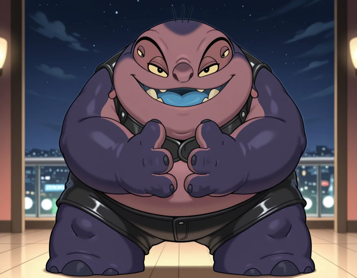 score_9,score_8_up,score_7_up,source_anime,source_furry,1boy,best quality,masterpiece,absurdres,newest,<lora:Jumba_Jookiba_ILXL-000010:1>,jumba,an alien character standing,(four eyes:1.3),purple skin,large head,small ears,(four fingers on hands:1.3),yellow Sclera,solid black dot pupils,smiling,looking at viewer,dressed in a gay leather outfit,open mouth,chubby butt,half closed eyes,spread legs,circular nose,plump body,stubby legs,three large dark colored toenails,head embeded into body,(solid circular feet),(small ears:0.7) BREAK exterior,dance club background,night time,four fingers on each hand,dull dark colored claws on hands,thick stubby short legs,