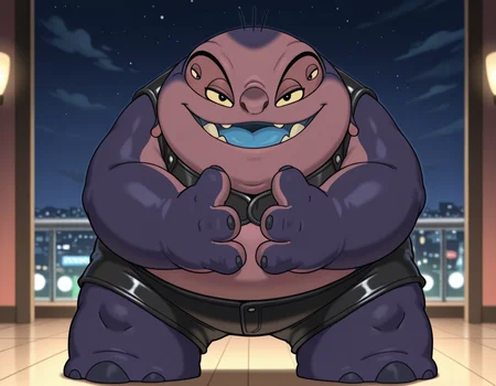 score_9,score_8_up,score_7_up,source_anime,source_furry,1boy,best quality,masterpiece,absurdres,newest,<lora:Jumba_Jookiba_ILXL-000010:1>,jumba,an alien character standing,(four eyes:1.3),purple skin,large head,small ears,(four fingers on hands:1.3),yellow Sclera,solid black dot pupils,smiling,looking at viewer,dressed in a gay leather outfit,open mouth,chubby butt,half closed eyes,spread legs,circular nose,plump body,stubby legs,three large dark colored toenails,head embeded into body,(solid circular feet),(small ears:0.7) BREAK exterior,dance club background,night time,four fingers on each hand,dull dark colored claws on hands,thick stubby short legs,