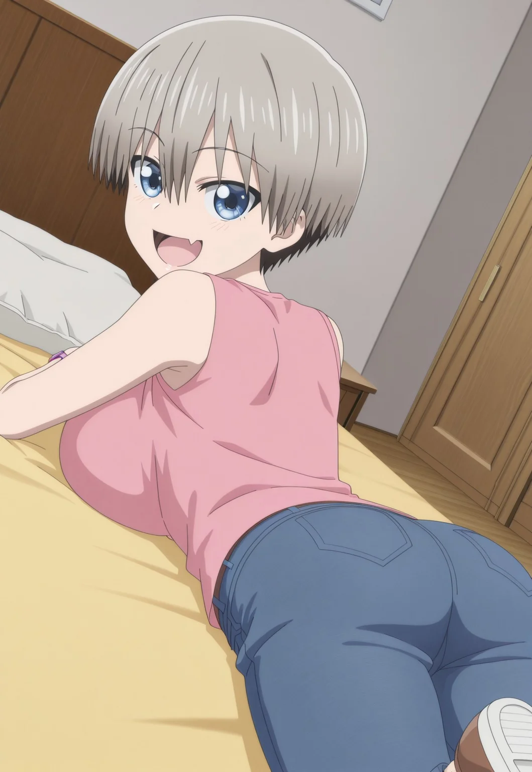 <lora:Hana_Uzaki_Uzaki-chan_Wants_to_Hang_Out_-_Illustrious_V2:1>,solo,Hana Uzaki (character), uzaki hana, 2d flat, anime screencap, indoors, consistent background, detailed face, 1girl, shorter female, Hana Uzaki, grey hair, hair between eyes, happy, open mouth, skin fang, huge breasts, pink shirt, sleeveless, jeans, ass, shoes, short hair, big head, blue eyes, watch, bedroom, bed, lying down, lying on stomach, lying on bed, yellow bed, widescreen tv, closet, good lighting, looking at viewer